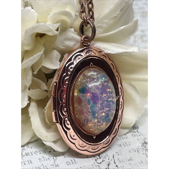 Rose Gold Brass Harlequin Opal Birthday Gift Locket Necklace Pendant Wedding - Picture 3 of 14
